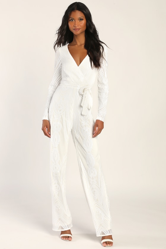 Lulus Magical Muse White Sequin Long Sleeve Wide-leg Jumpsuit