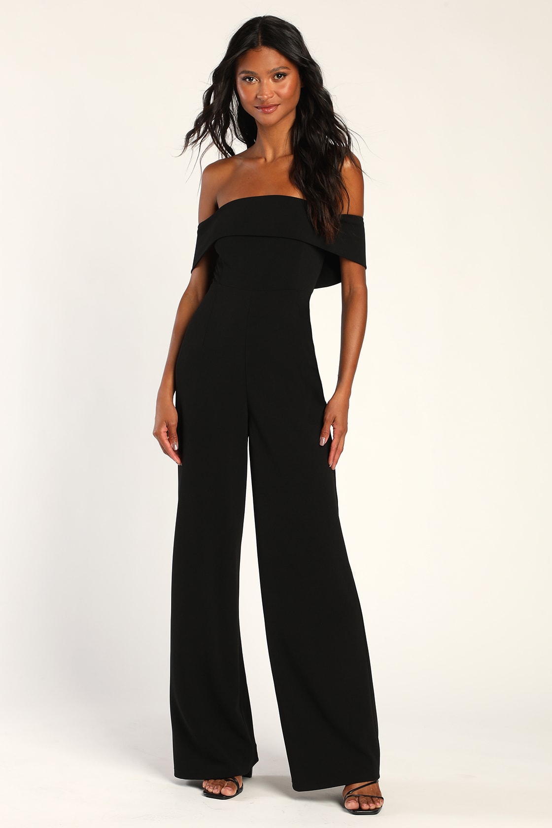Pretty Picturesque Black Off-the-Shoulder Wide Leg Jumpsuit