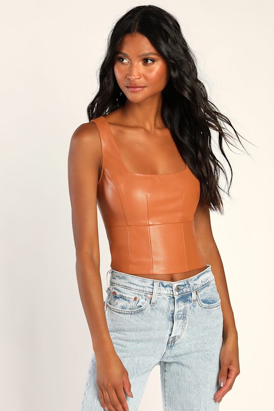 Brown Tank Top Vegan Leather Top Cropped Tank Top Lulus
