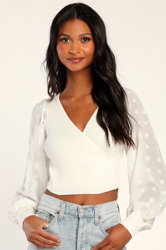 Ivory Ribbed Top - Balloon Sleeve Top - Ivory Swiss Dot Top