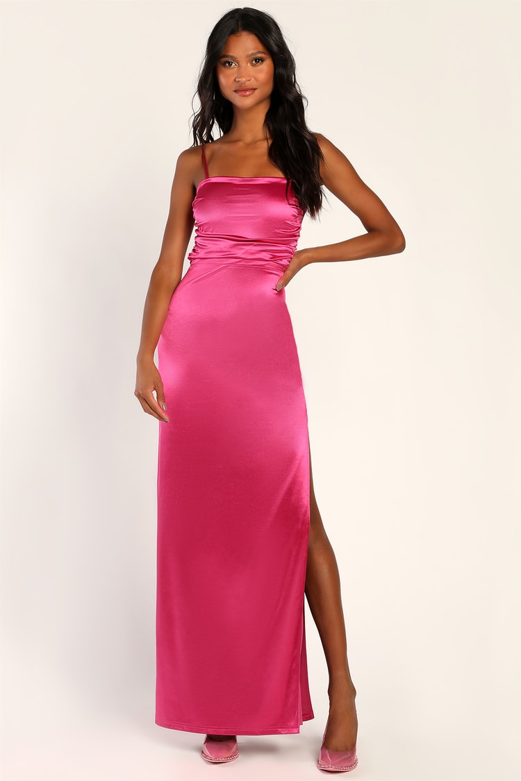 Glam Gal Hot Pink Satin Ruched Cutout Maxi Dress