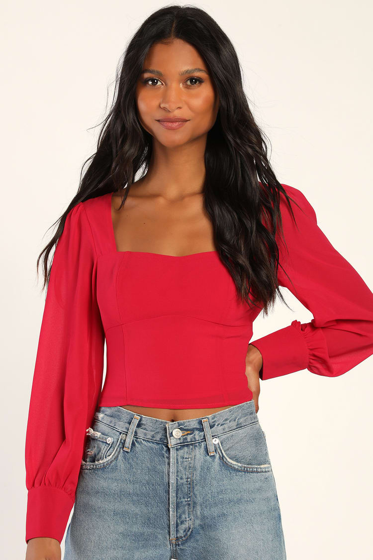 Berry Pink Balloon Sleeve - Cropped Blouse - Long Sleeve Top - Lulus
