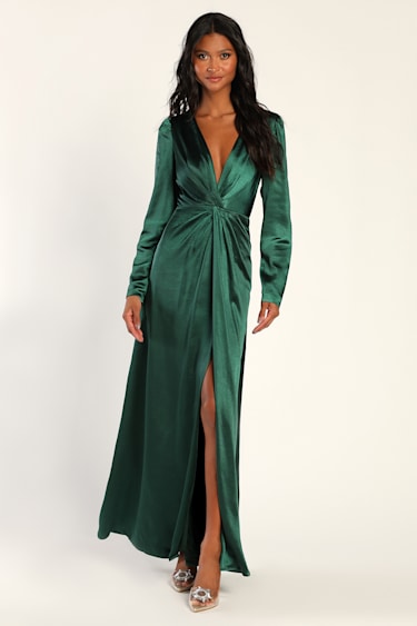 Emerald Green Green Maxi Dresses With Sleeves Emerald Green Satin