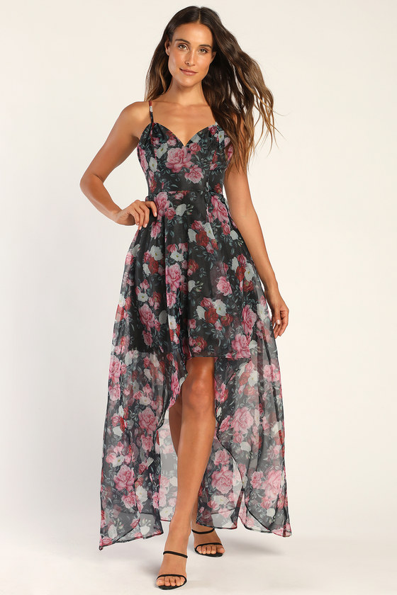 Black Floral Print Dress - High-Low Maxi Dress - Organza Dress - Lulus