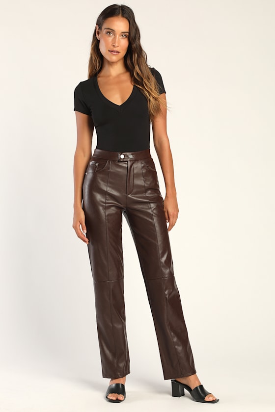 Belva Chocolate Brown Faux Leather Straight Leg Pants 5