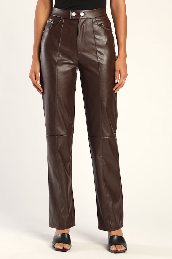 Belva Chocolate Brown Faux Leather Straight Leg Pants 2