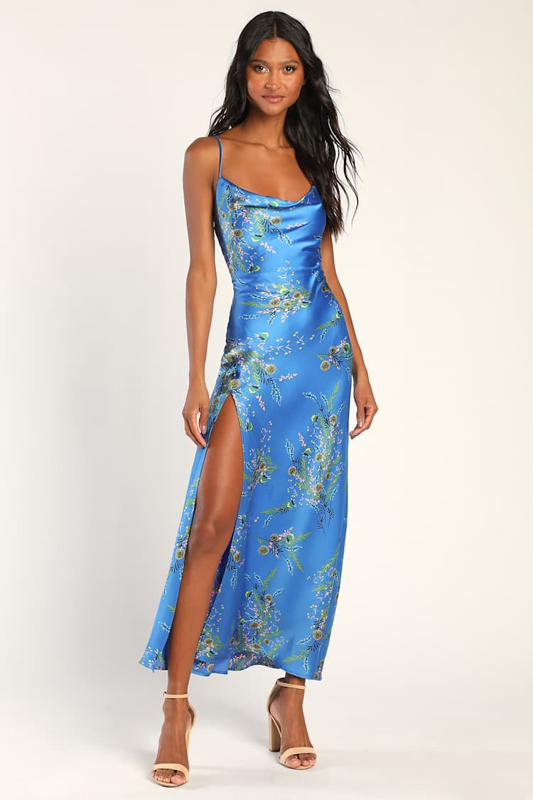 blue satin dress with flowers Blue Corset Long Satin Dresses With 3D Flowers main image 0