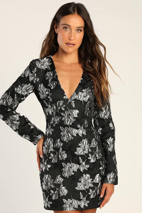 Elegant Taste Black and Silver Floral Jacquard Mini Dress 2
