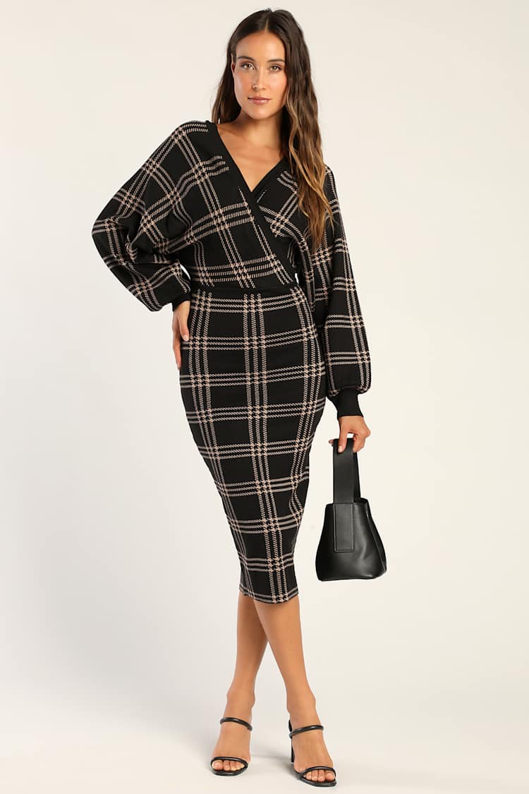 plaid bodycon midi dress Black - Dolman Sleeve Dress - Sweater Dress Women Buy 1 Get 1 18-1-2026 Bridesmaid Dresses For Women Color:Y20-28 Black Midi Dresses