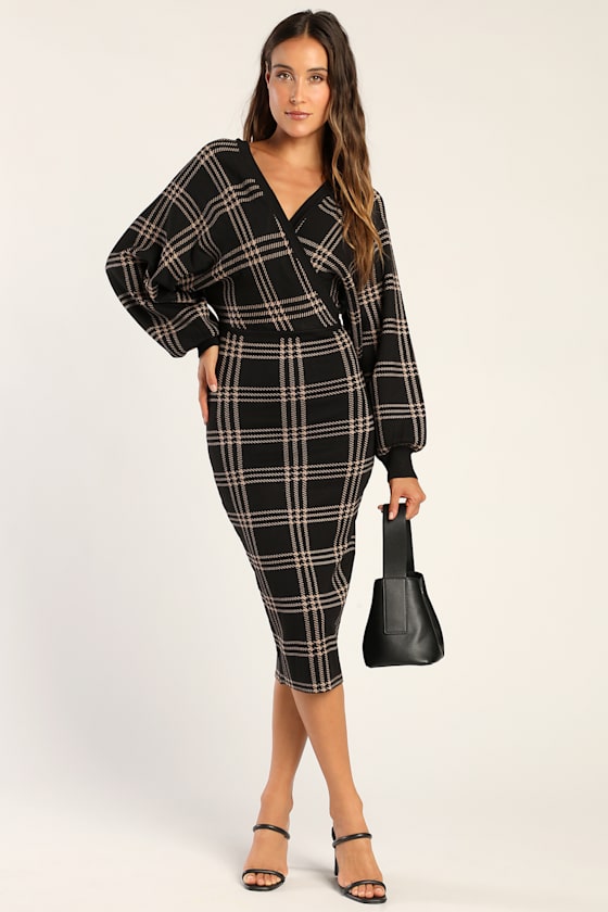 Plaid Your Love Black Dolman Sleeve Bodycon Midi Sweater Dress 1