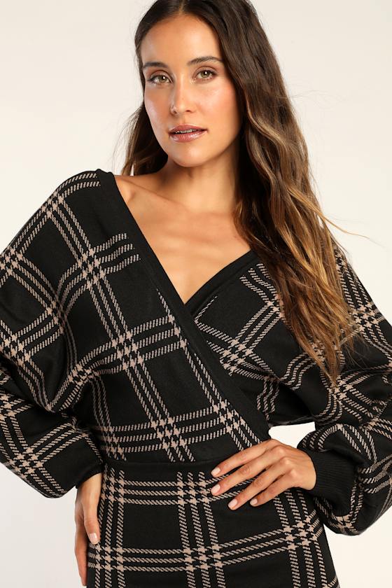 Plaid Your Love Black Dolman Sleeve Bodycon Midi Sweater Dress 4