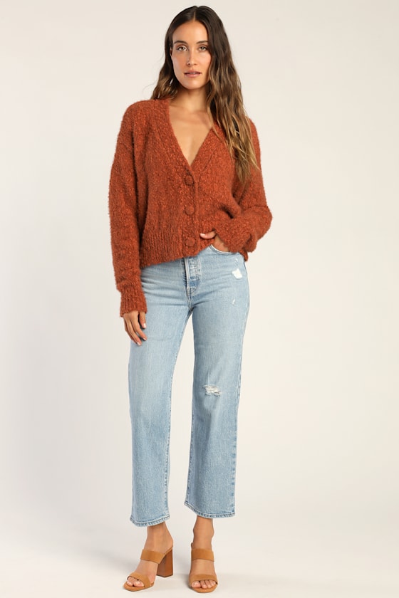 Keep Me Bundled Rust Orange Fuzzy Knit Cardigan 2