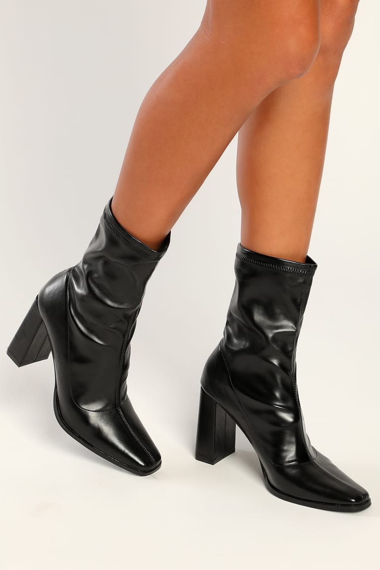black leather mid heel boots