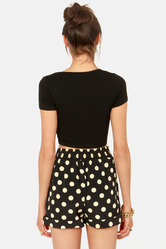 ★EXPIRED GIRL★POLKA DOT FRILL SHORTS BLACK★韓国送料込 Girls Like Us Ruched Mini Shorts - Black Polka Dot