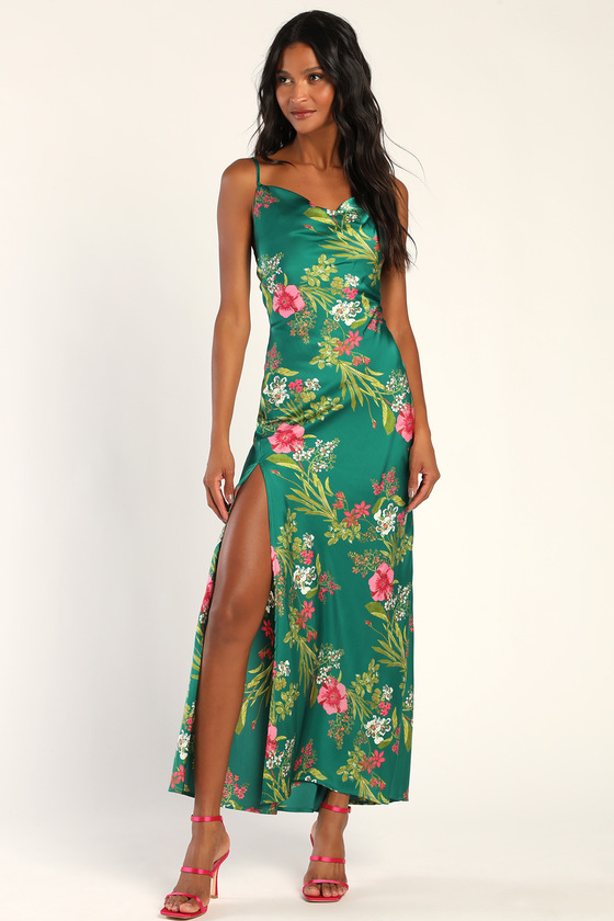 Green Floral Maxi Dress - Satin Backless Dress - Floral Dress - Lulus