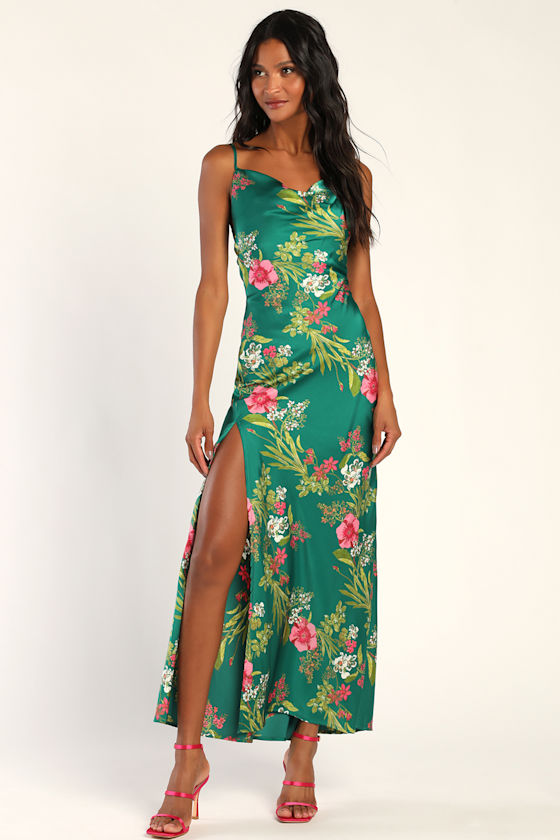 Green Floral Maxi Dress Satin Backless Dress Floral Dress Lulus