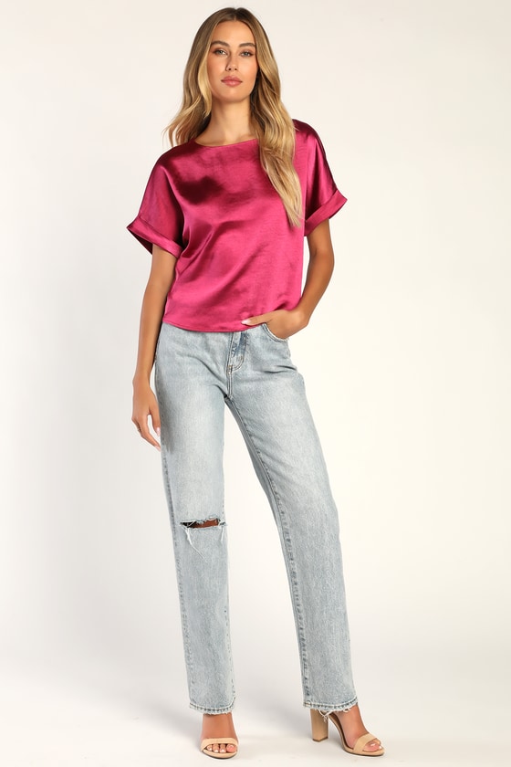 Magenta Satin Top - Short Sleeve Satin Shirt - Short Sleeve
