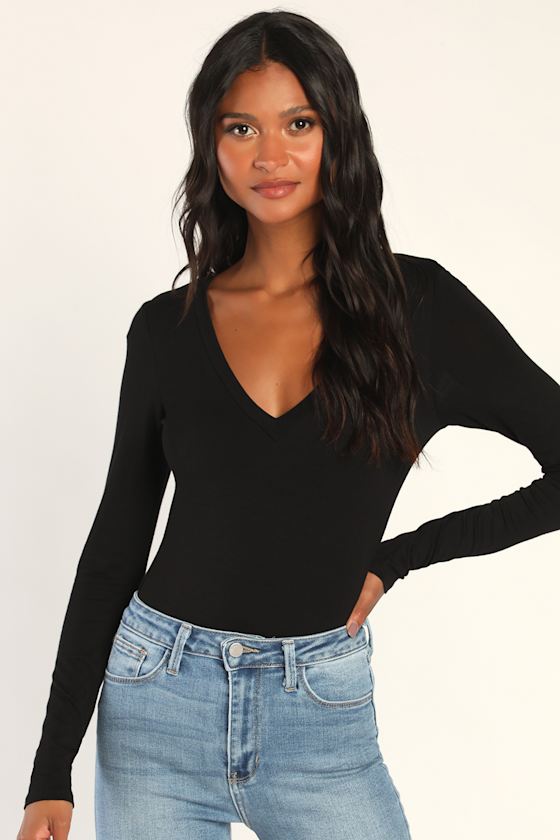 Lulus Clean Look Black V-neck Long Sleeve Bodysuit