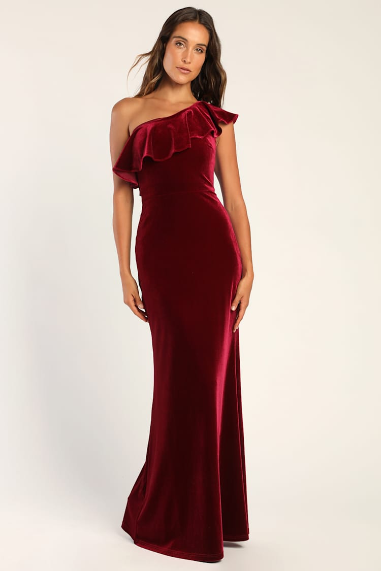 chinese dress ladies Kendall Burgundy Sequin One Shoulder Maxi Dress – Get That Trend main image 1