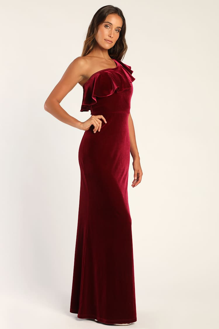 Burgundy Velvet Dress - One-Shoulder Dress - Mermaid Maxi Dress - Lulus