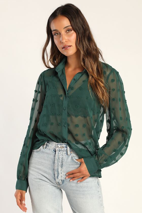 Secret Spot Emerald Green Dotted Sheer Long Sleeve Button-Up Top 4