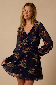 Always Yours Navy Blue Floral Print Long Sleeve Skater Dress 2