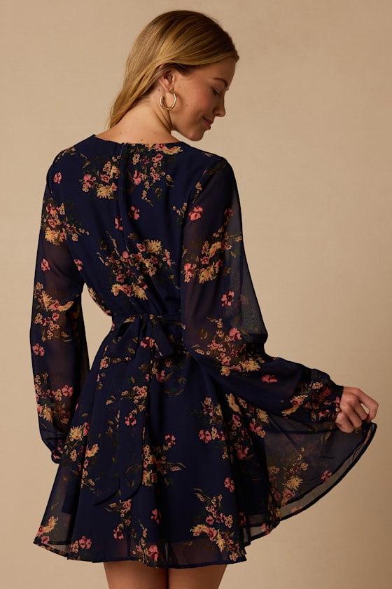 Always Yours Navy Blue Floral Print Long Sleeve Skater Dress 4