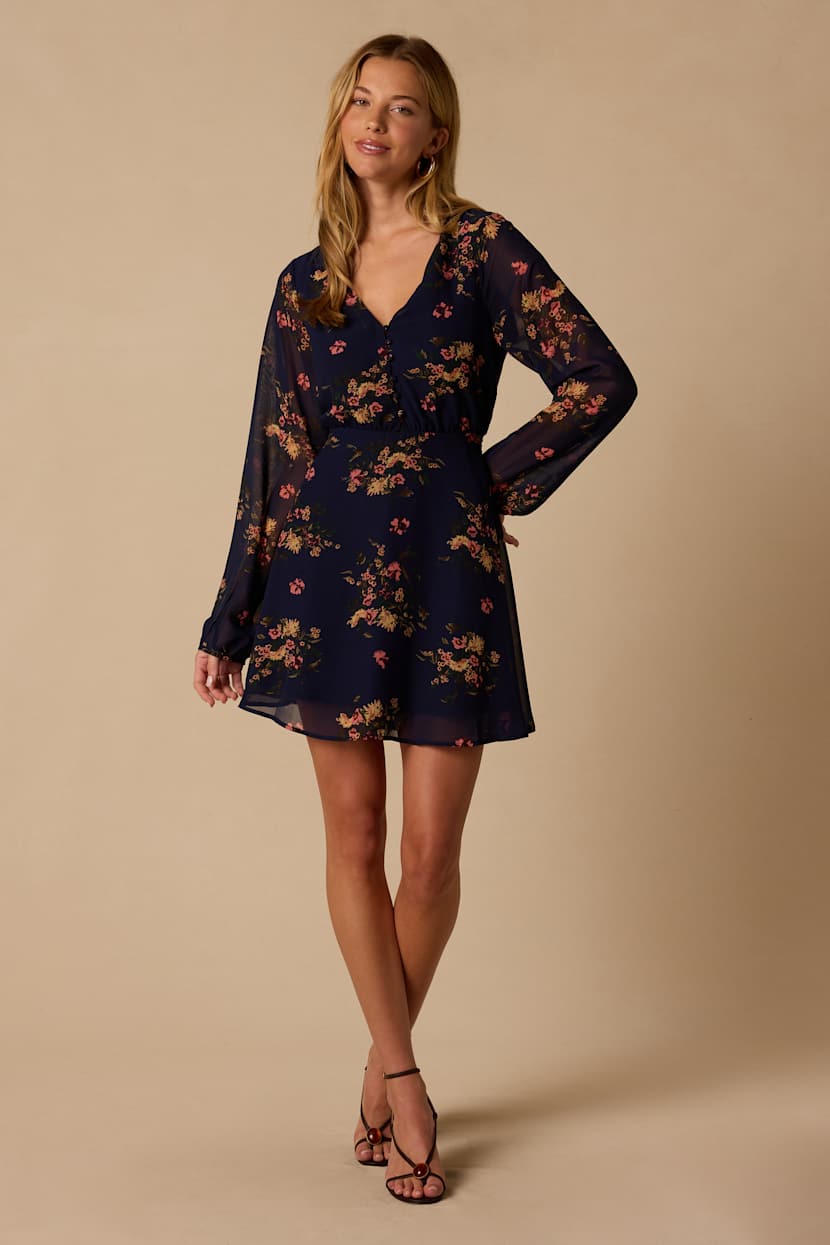 blue long sleeve skater dress Navy Floral Print | Womens | Medium (Available in L) | 100% Polyester Skirt Length:60CM 100% SILK Glinda 