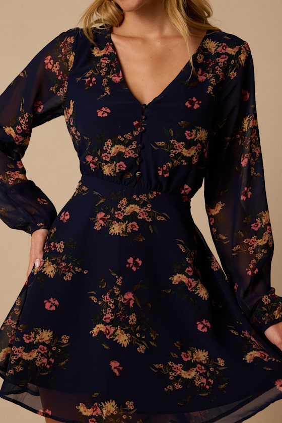 Always Yours Navy Blue Floral Print Long Sleeve Skater Dress - thumbnail 4