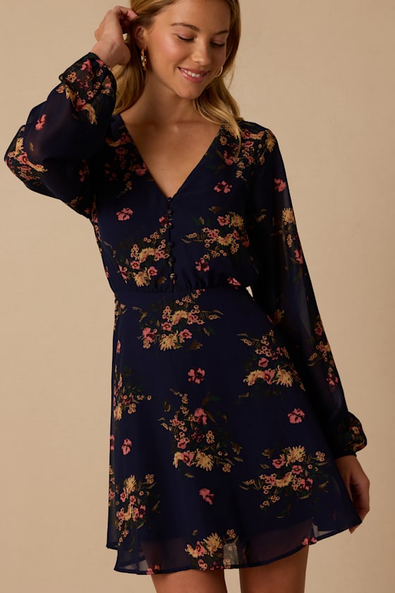 Always Yours Navy Blue Floral Print Long Sleeve Skater Dress - thumbnail 5