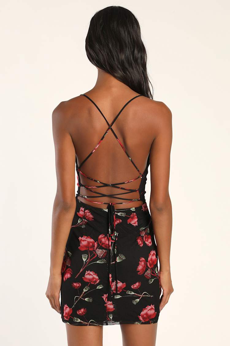 Queen of Roses Black Floral Print Lace-Up Mini Bodycon Dress Queen of Roses Black Floral Print Lace-Up Mini Bodycon Dress