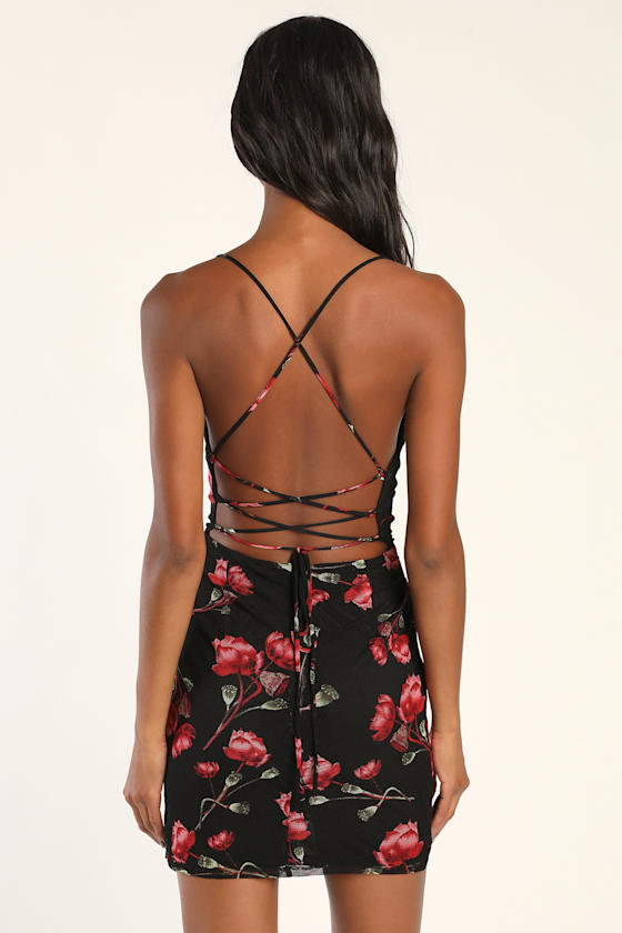 Queen of Roses Black Floral Print Lace-Up Mini Bodycon Dress 7
