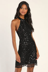 Glowing Entrance Black Sequin Sleeveless Halter Mini Dress 1