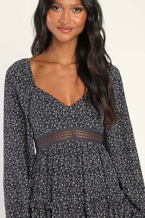Charming Days Navy Floral Print Ruffled Long Sleeve Mini Dress 5