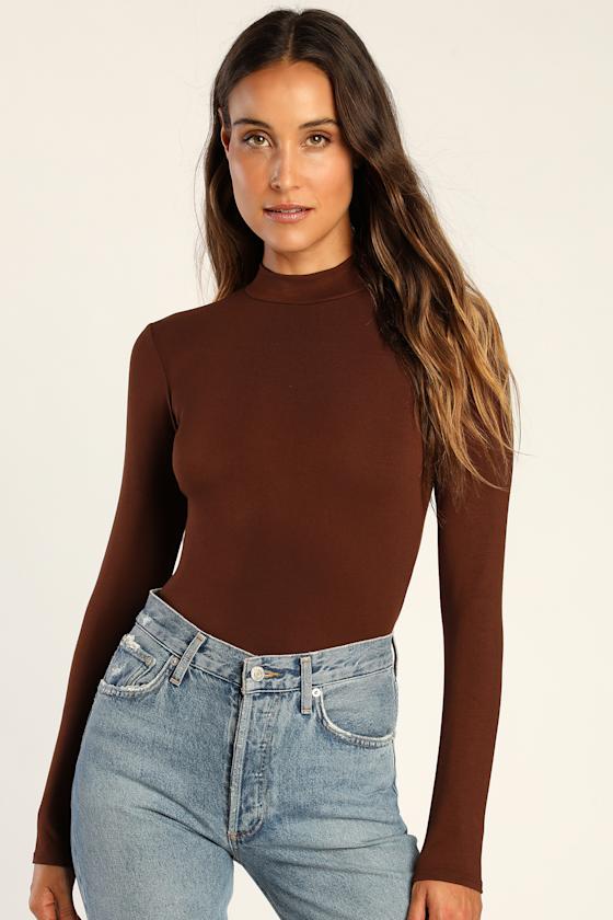 Chocolate Brown Top Mock Neck Top Long Sleeve Top Lulus
