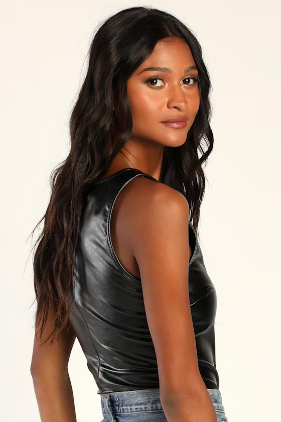 Your Fave Babe Black Vegan Leather V-Neck Sleeveless Bodysuit 3