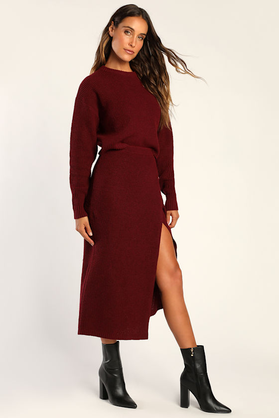 Autumn Sweetheart Burgundy Waffle Knit Two-Piece Sweater Dress