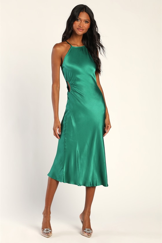 Lulus Sleek And Sultry Green Satin Cutout Midi Dress