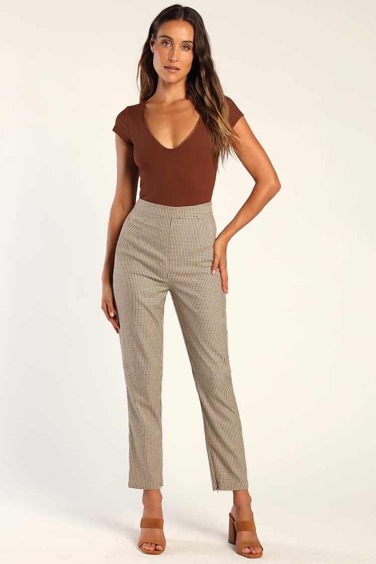 Cute Beige and Brown Pants - Plaid Pants - Straight-Leg Pants - Lulus