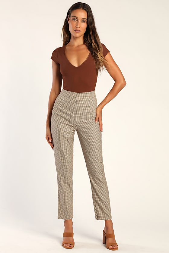 She's All Plaid Beige and Brown Plaid Straight Leg Pants 2