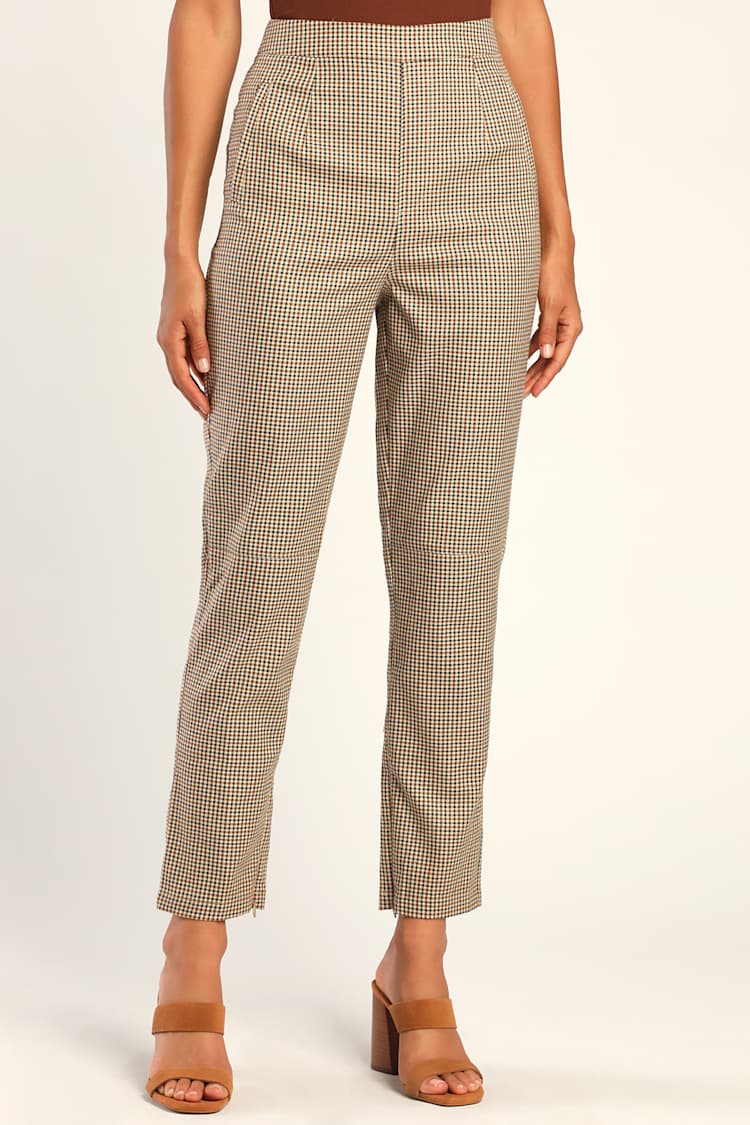 Cute Beige and Brown Pants - Plaid Pants - Straight-Leg Pants