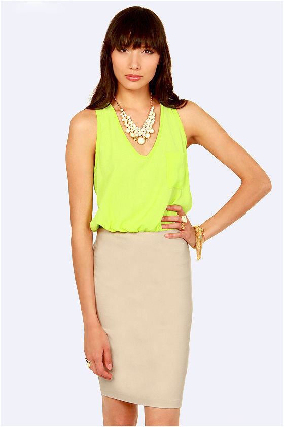 Pretty Highlighter Yellow Dress Beige Dress Color Block Dress 36