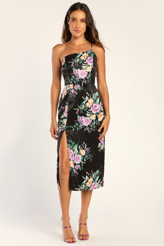 Black Floral Dress - Tiered Maxi Dress - One-Shoulder Dress - Lulus