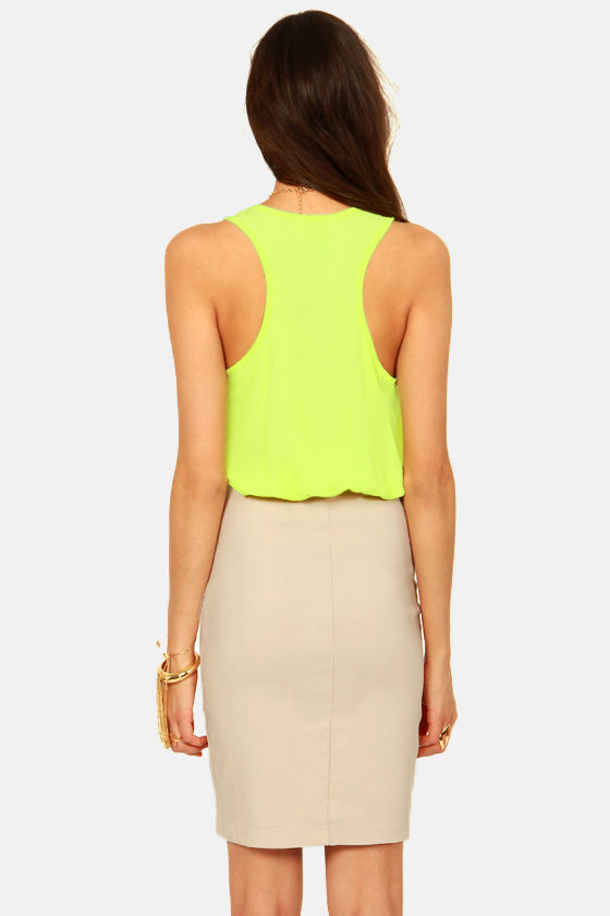 Pretty Highlighter Yellow Dress Beige Dress Color Block Dress 36.00
