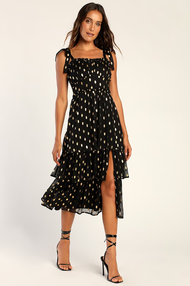Celebration Chic Black Polka Dot Tie-Strap Tiered Maxi Dress