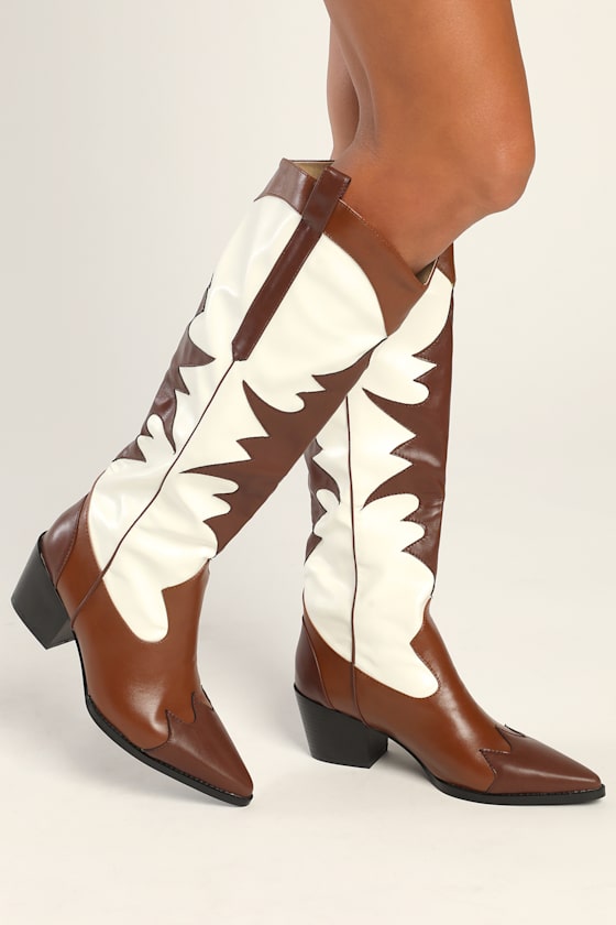 Raynna Tan Color Block Knee-High Western Boots 1
