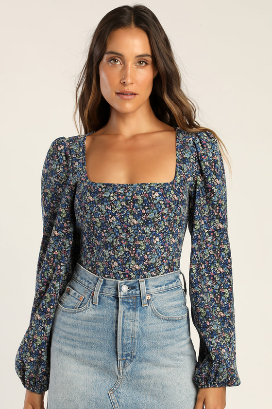 Blue Floral Print Top - Corduroy Top - Balloon Sleeve Crop Top - Lulus