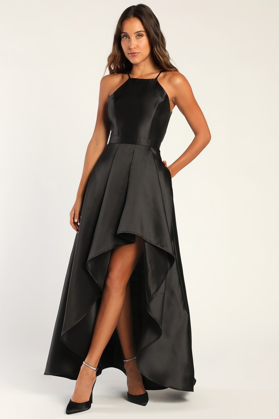 A Line One Shoulder Black Long Prom Dress with Appliques | KissProm