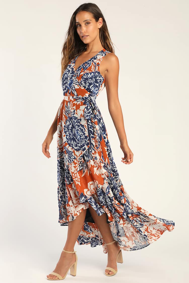 open lace back dress Margot Wrap Maxi Dress - Orange Print main image 0