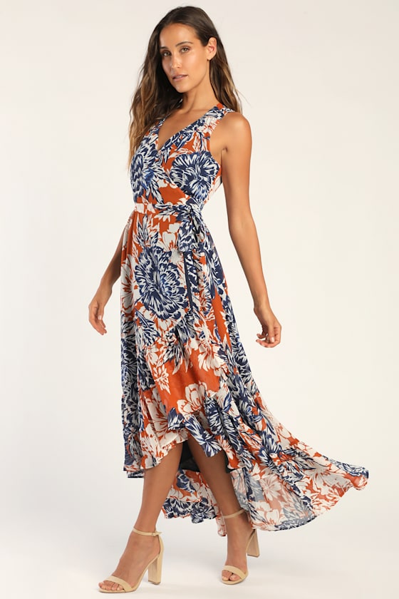 Rust Orange Floral Dress HighLow Maxi Dress Maxi Wrap Dress Lulus